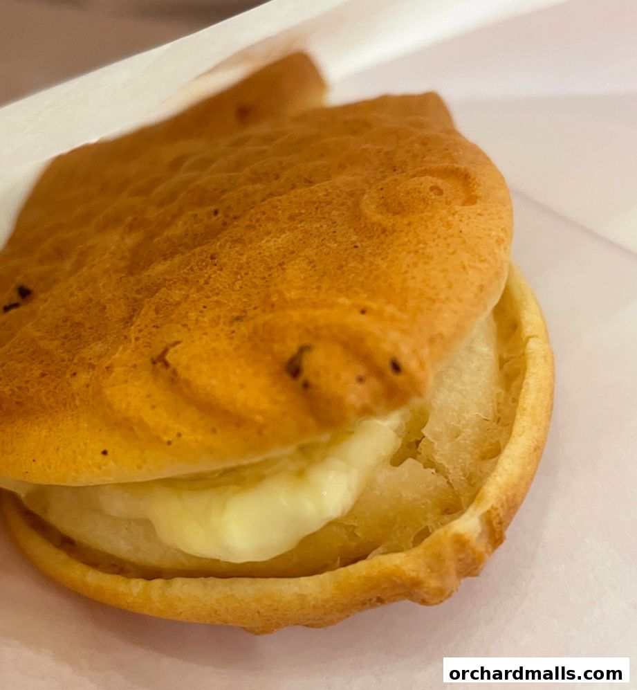 A close-up of a golden-brown taiyaki pancake filled with creamy custard.