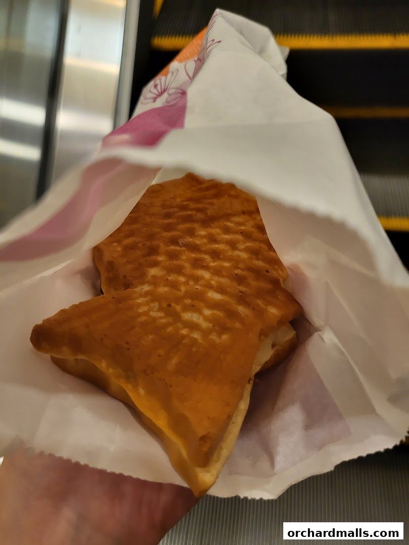 A hand holds a paper bag containing two golden-brown Japanese pancakes.