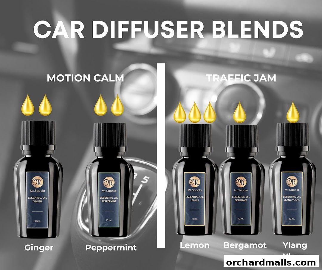 Bottles of essential oils for car diffusers, labeled with scents like Ginger, Peppermint, Lemon, Bergamot, and Ylang Ylang.