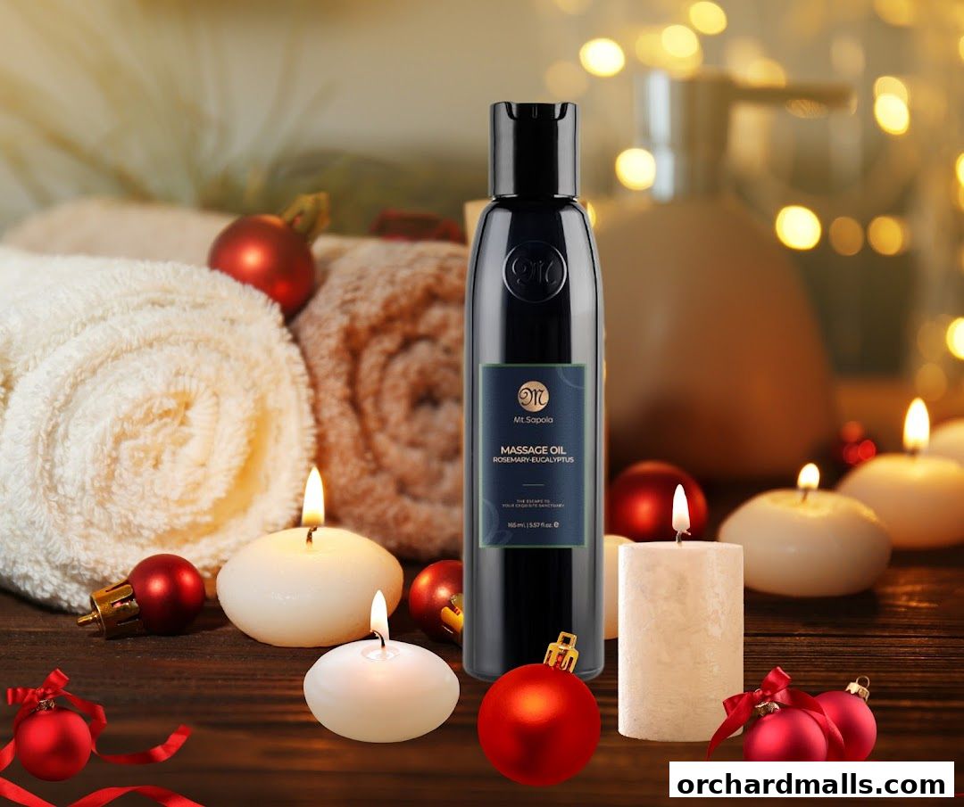 Mt. Sapola massage oil bottle surrounded by candles and festive decorations.