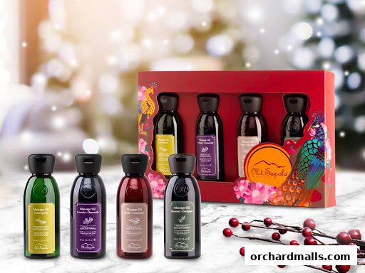 Mt. Sapola Singapore massage oils gift set with festive background.