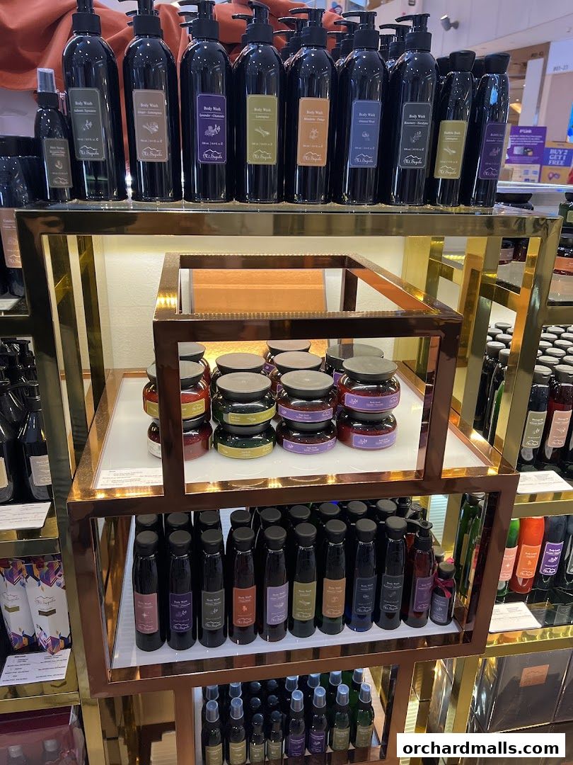 A display of various body wash and bath products from Mt. Sapola.