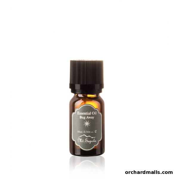 A small bottle of Mt. Sapola Essential Oil Bug Away with a black cap.
