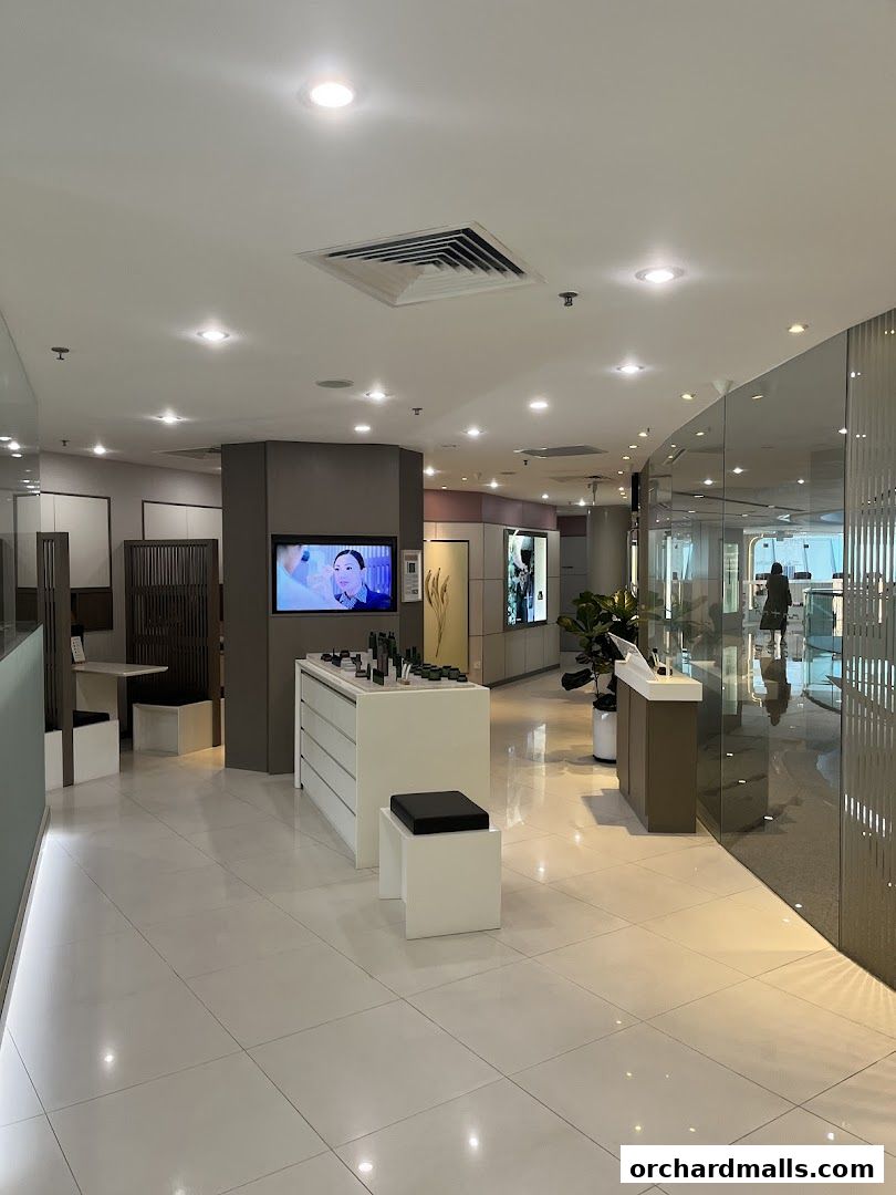 Interior view of a modern beauty store with product displays and seating areas.