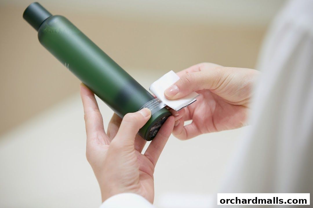 Hands applying a label to a dark green bottle of skincare product.