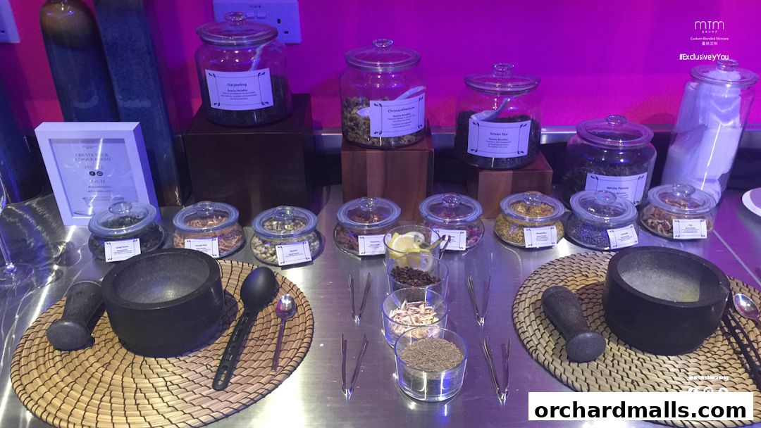 Jars of herbs and botanicals displayed for custom skincare blending.