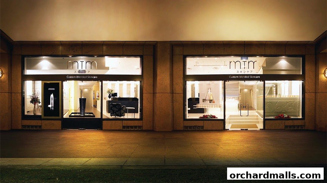 Exterior view of the mtm labo custom-blended skincare shop at night.