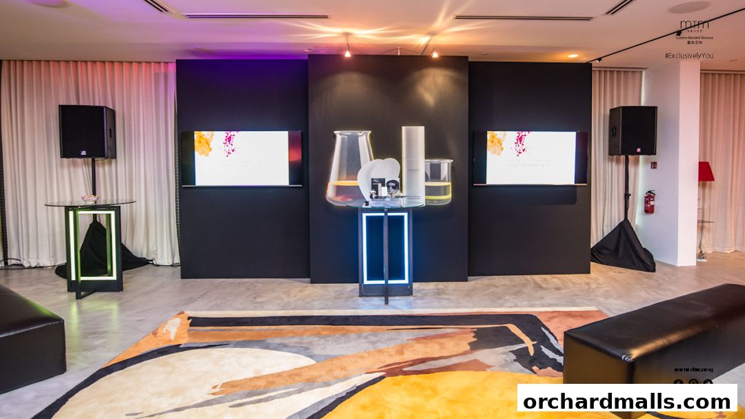 A modern display showcasing skincare products with scientific elements and digital screens.