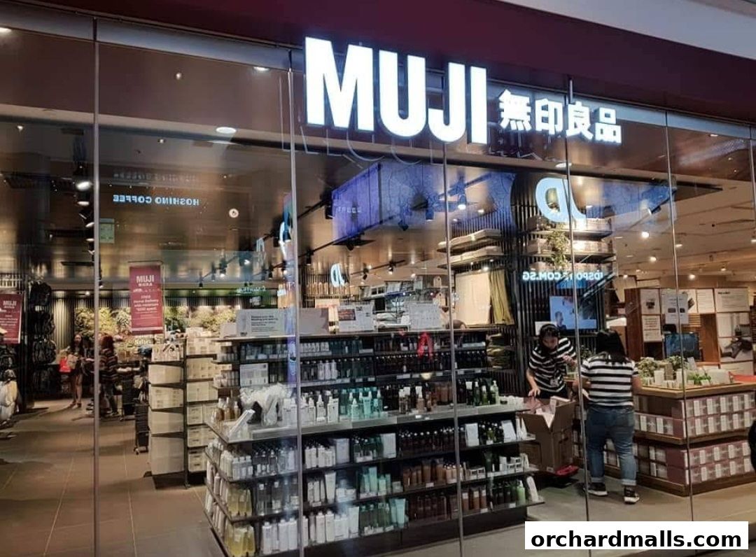The MUJI store front displays a wide array of skincare and household products on shelves.