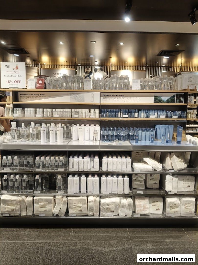 Shelves stocked with MUJI skincare products, including lotions, toners, and cotton pads.