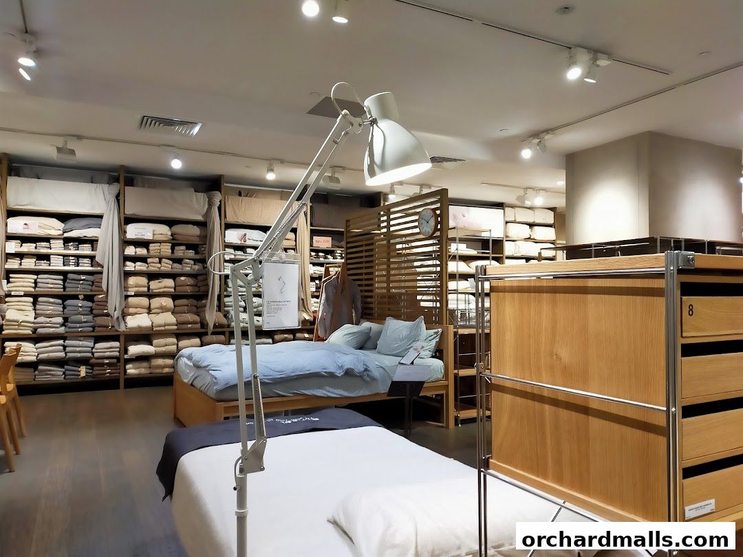 Interior view of a MUJI store showcasing bedding, furniture, and storage solutions.
