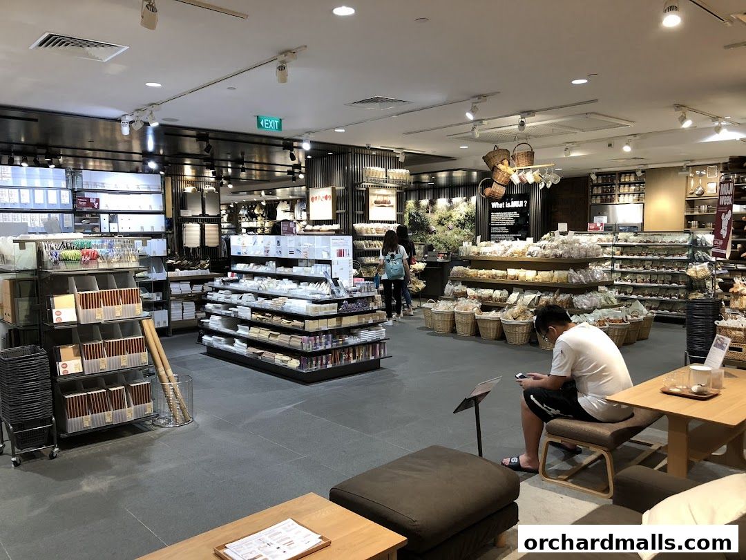 Interior view of a MUJI store showcasing various products and a customer browsing.