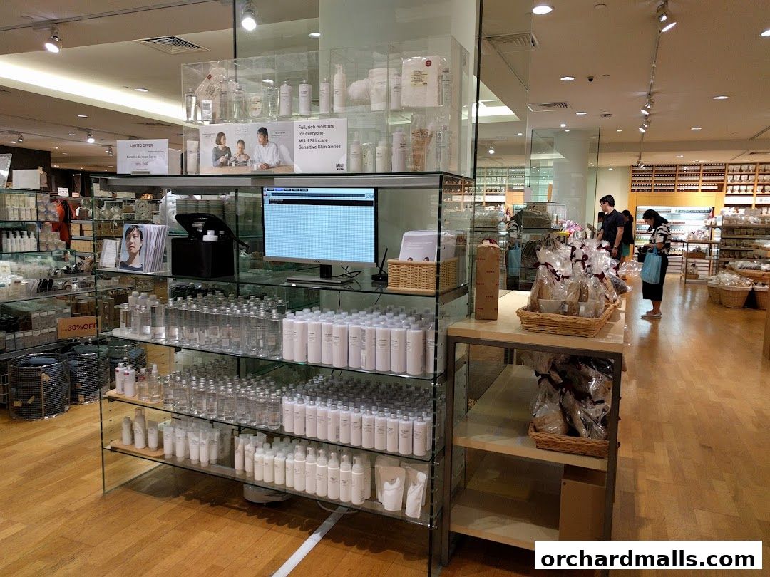 Interior view of a MUJI store showcasing skincare products and gift sets.
