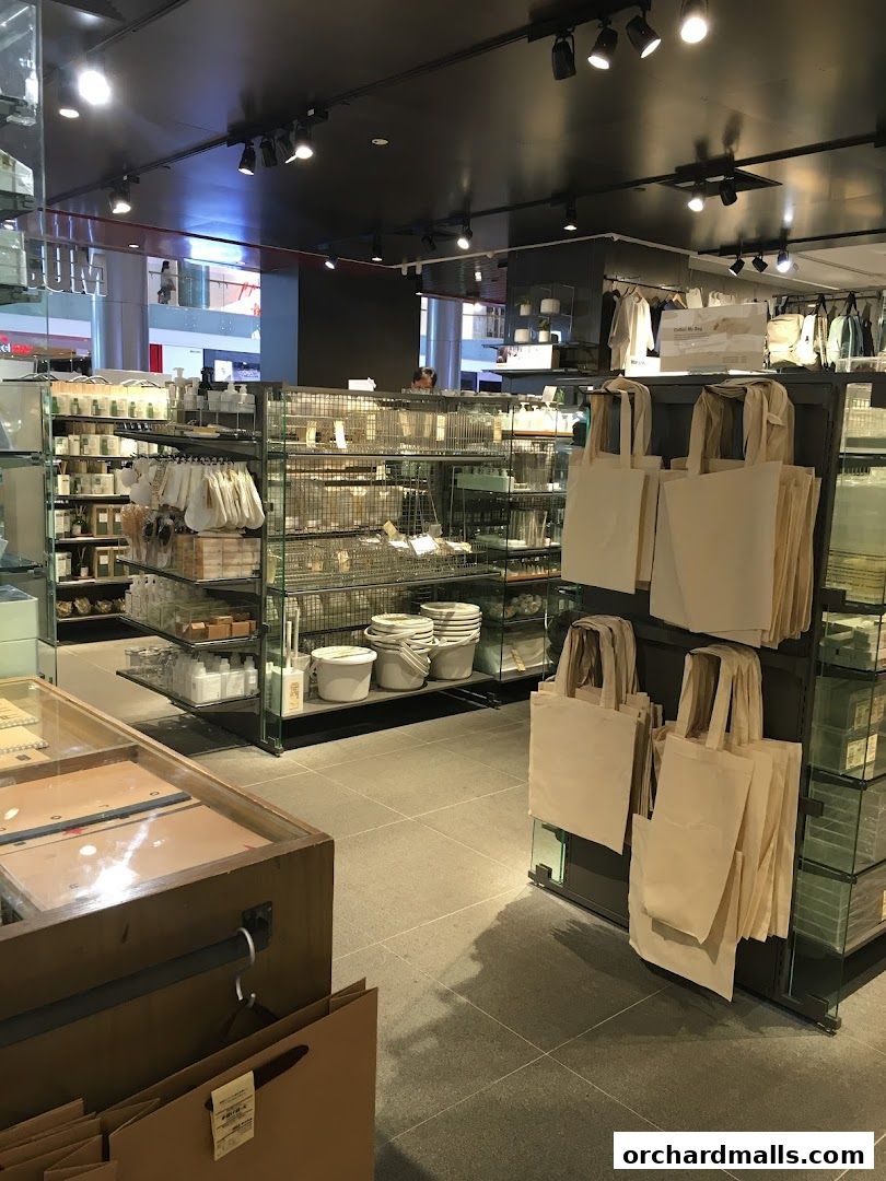 Interior view of a MUJI store showcasing various household items and tote bags.