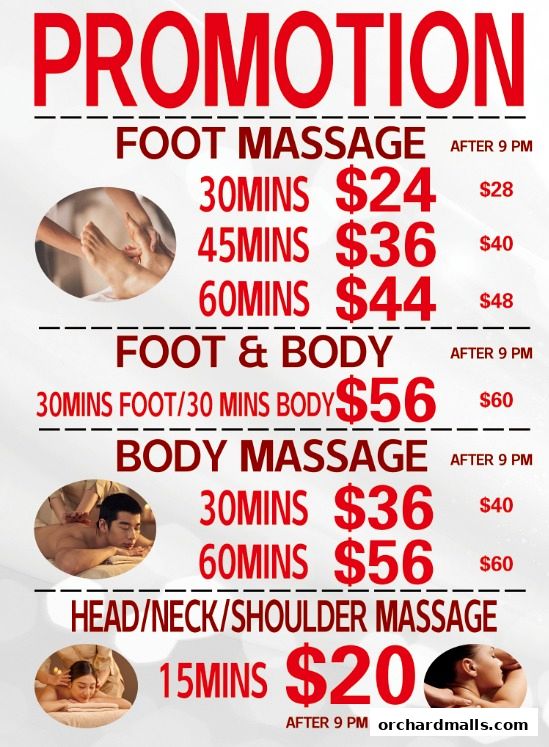 A promotional menu for foot, body, and head massages with prices and durations.