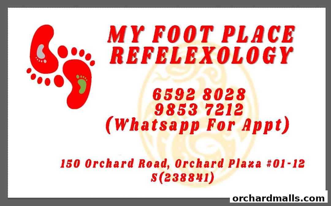Business card for My Foot Place Reflexology with contact details and address.