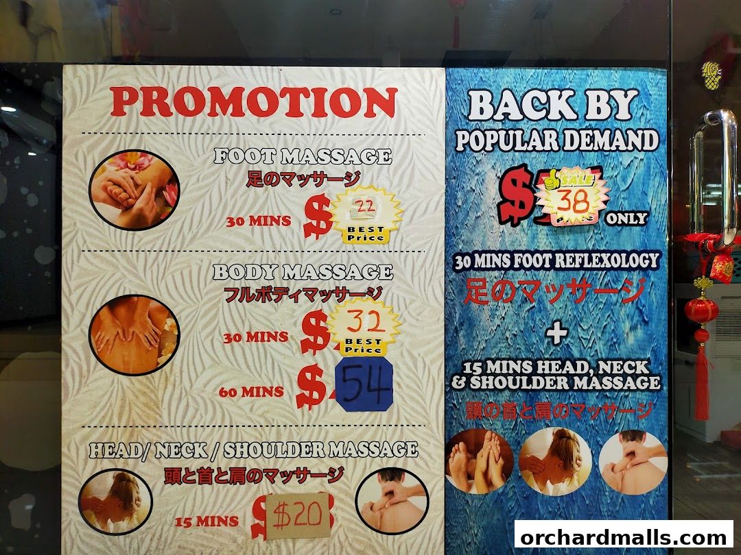 Promotional menu for foot, body, and head/neck/shoulder massages with prices.