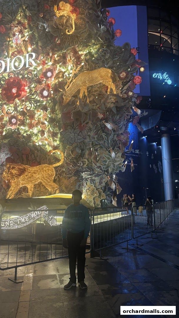 A person stands in front of a large, illuminated floral display with animal figures.