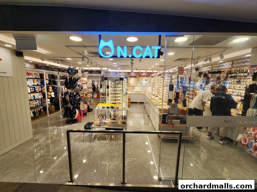 The N.CAT shop interior, showcasing a wide variety of accessories like bags, socks, and hair accessories.