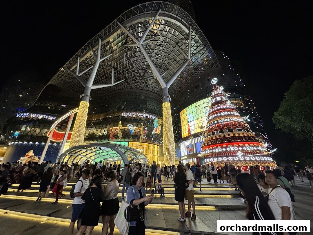 A festive Christmas tree and Louis Vuitton store illuminated at night with a crowd of people.