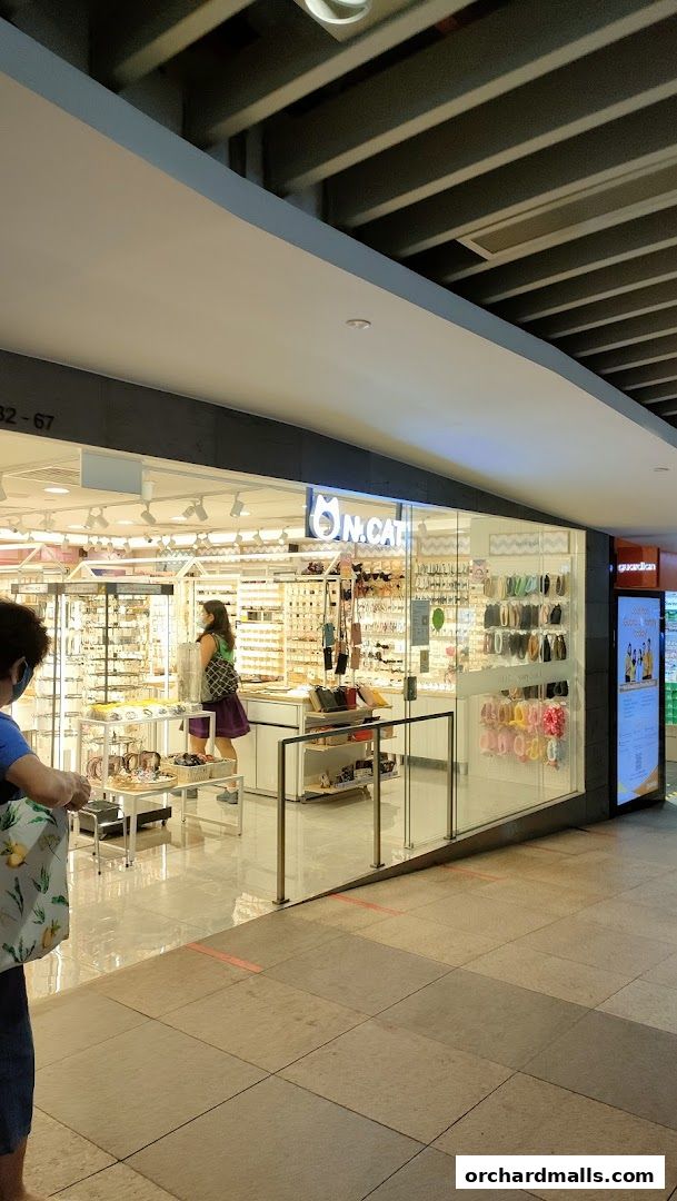 The N.CAT shop front displays a wide variety of accessories, including jewelry and hair accessories.