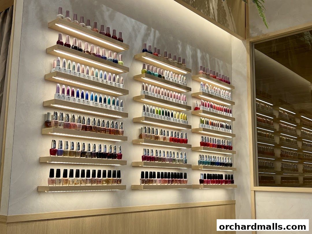 A wall display showcasing a wide variety of nail polish bottles organized on shelves.