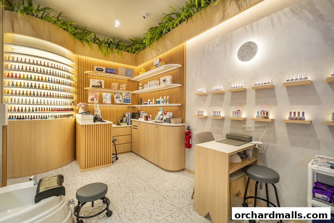 Interior of a modern nail salon with shelves displaying nail polish and manicure stations.