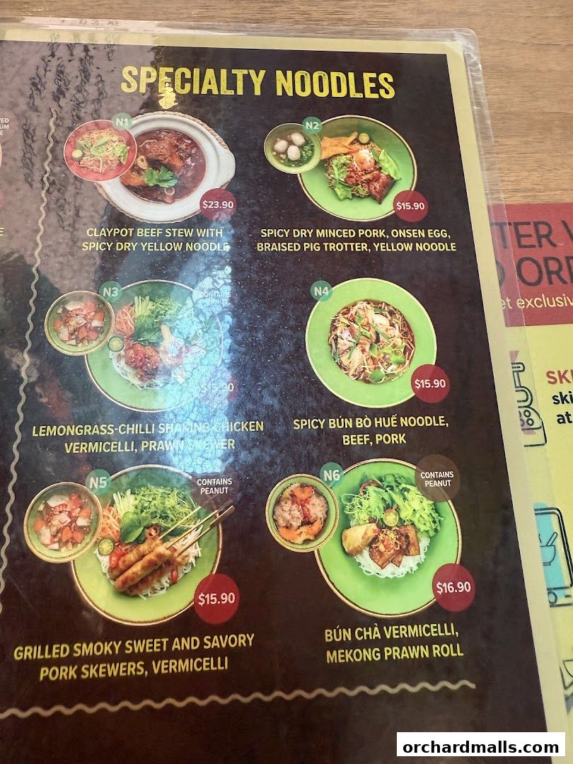 A menu page showcasing specialty noodle dishes with enticing descriptions and prices.