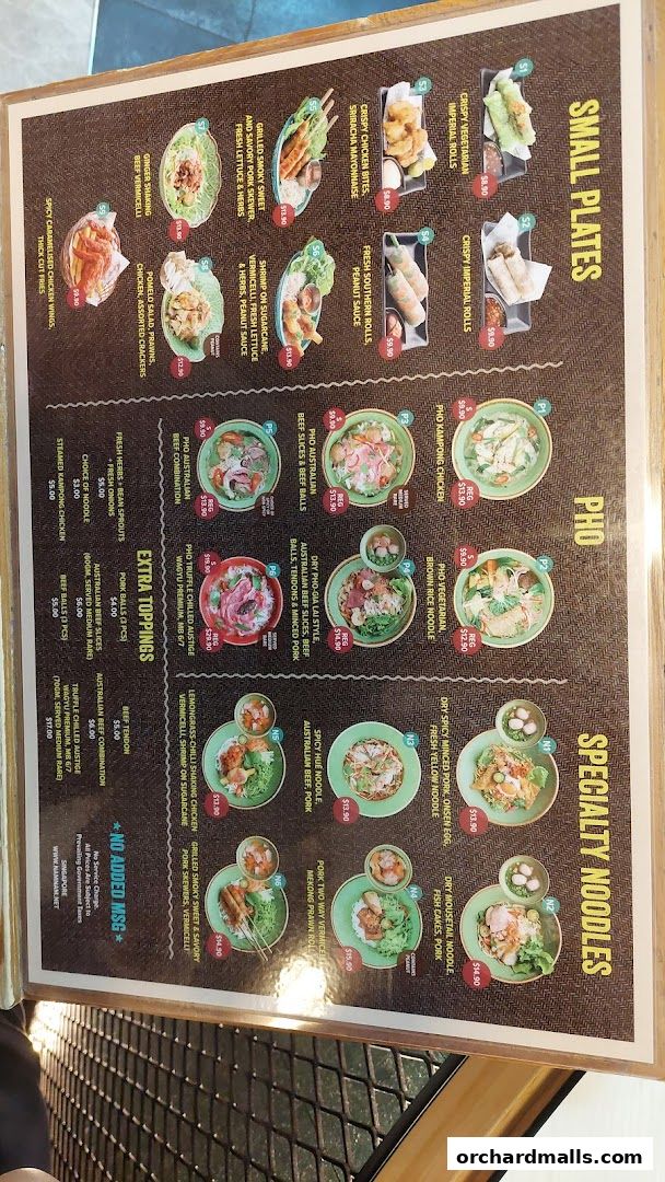 A menu from NamNam Wheelock Place featuring Vietnamese dishes like Pho and specialty noodles.