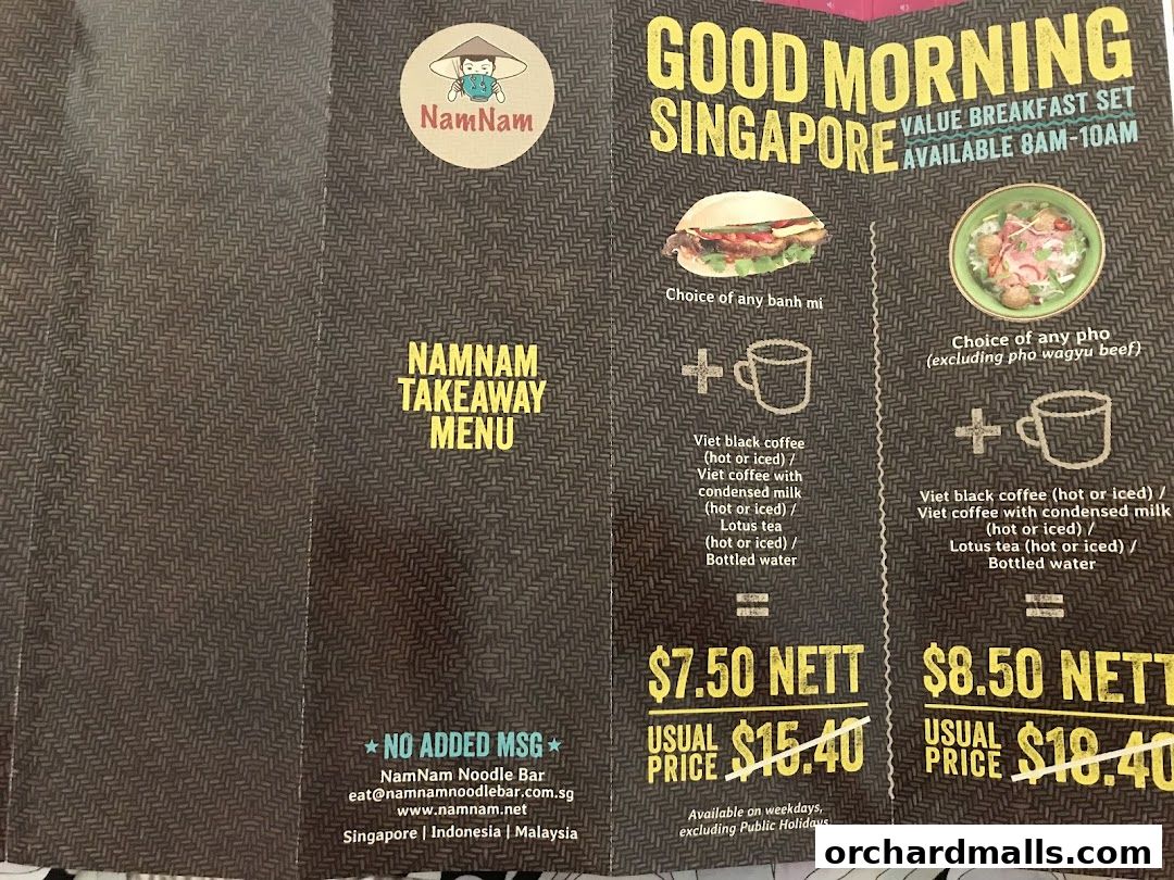 NamNam Noodle Bar takeaway menu featuring breakfast sets with banh mi or pho.