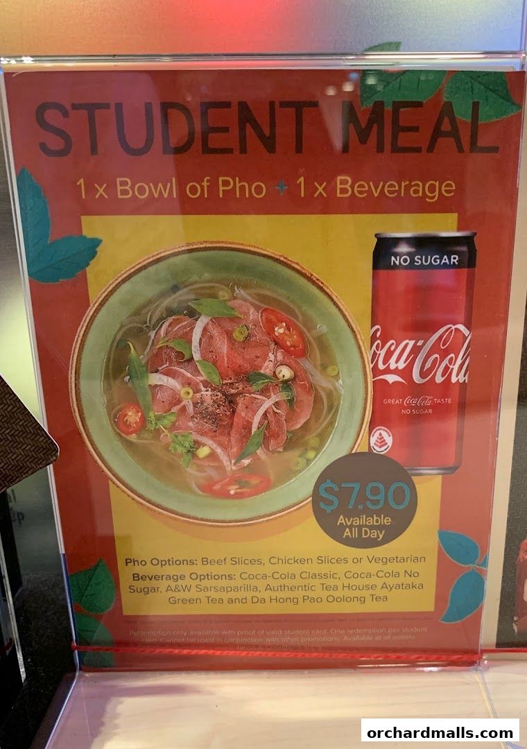 A sign advertising a student meal deal with pho and a beverage for $7.90.