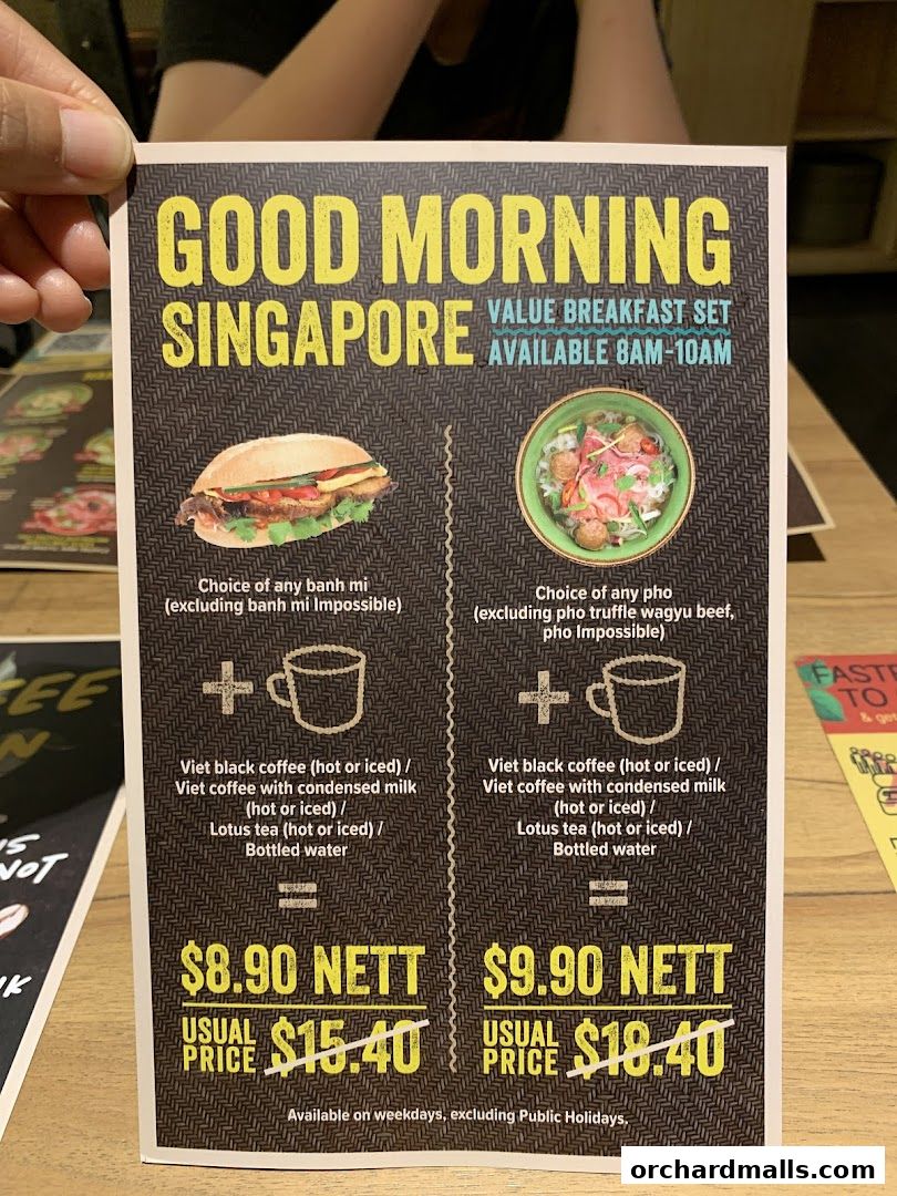 A breakfast menu offering value sets with banh mi or pho and a drink.
