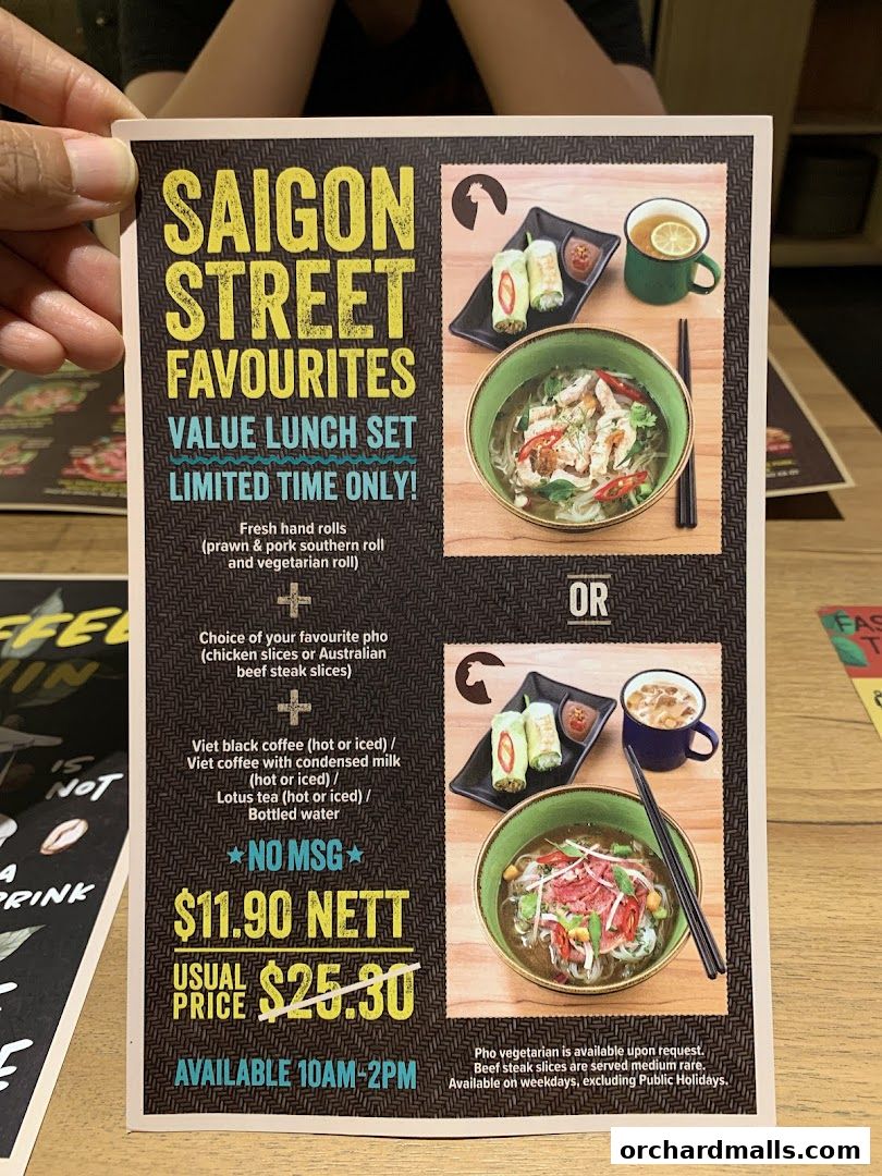 A menu for Saigon Street Favourites featuring a value lunch set with pho and hand rolls.