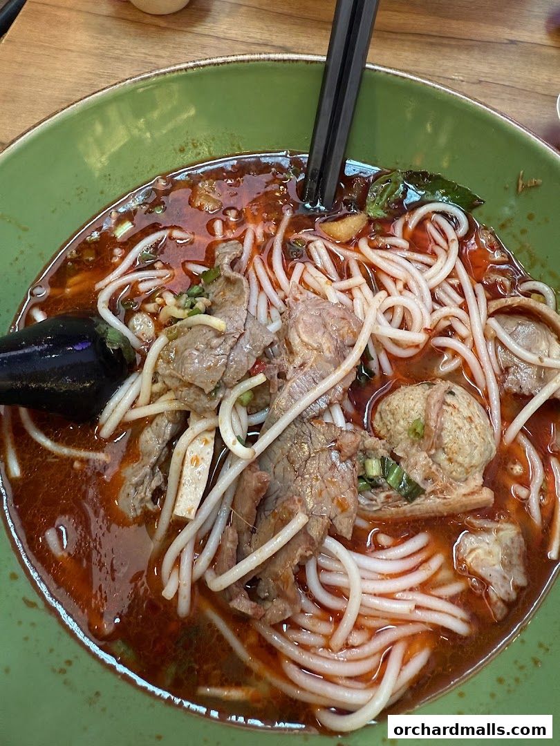 A close-up shot of a steaming bowl of beef noodle soup with chopsticks.