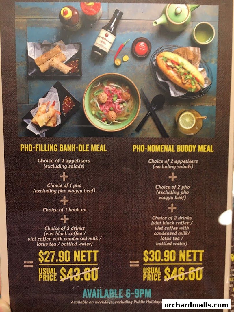 A menu showcasing two meal deals with pho, banh mi, appetizers, and drinks.