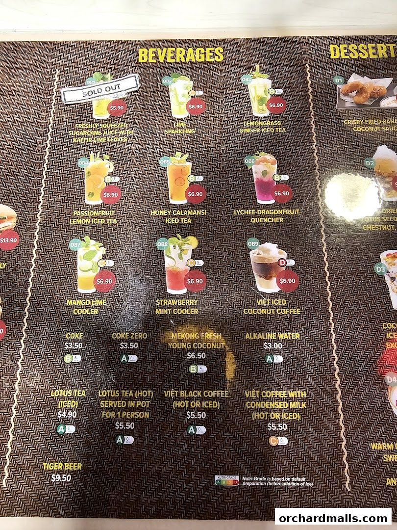 A menu displaying various beverages and desserts with prices and descriptions.