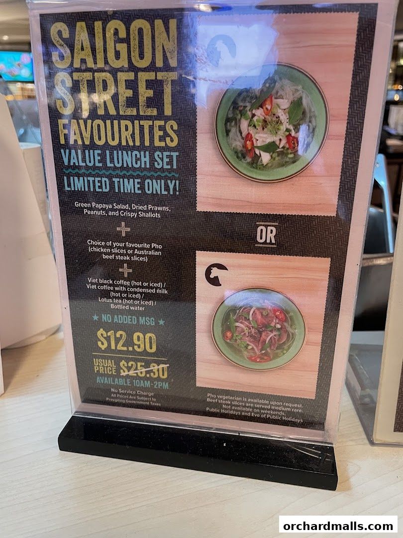 A menu for Saigon Street Favourites Value Lunch Set with pho and salad.