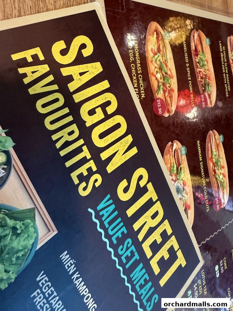 A menu featuring Saigon Street favourites, value set meals, and various food items with prices.
