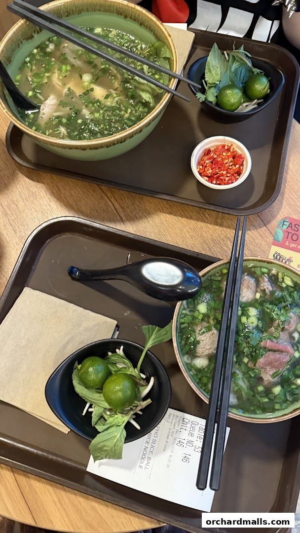Two bowls of pho with garnishes and a receipt on trays.
