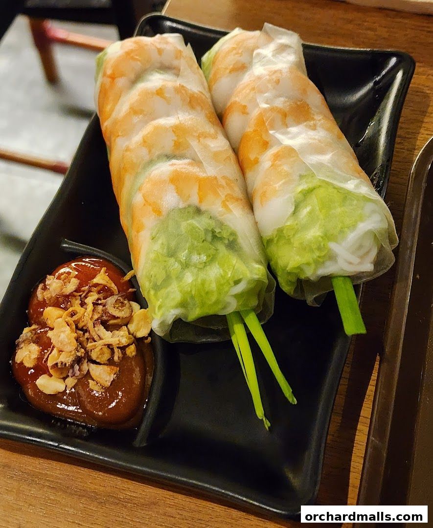 Two fresh spring rolls with shrimp and vegetables served with dipping sauce.