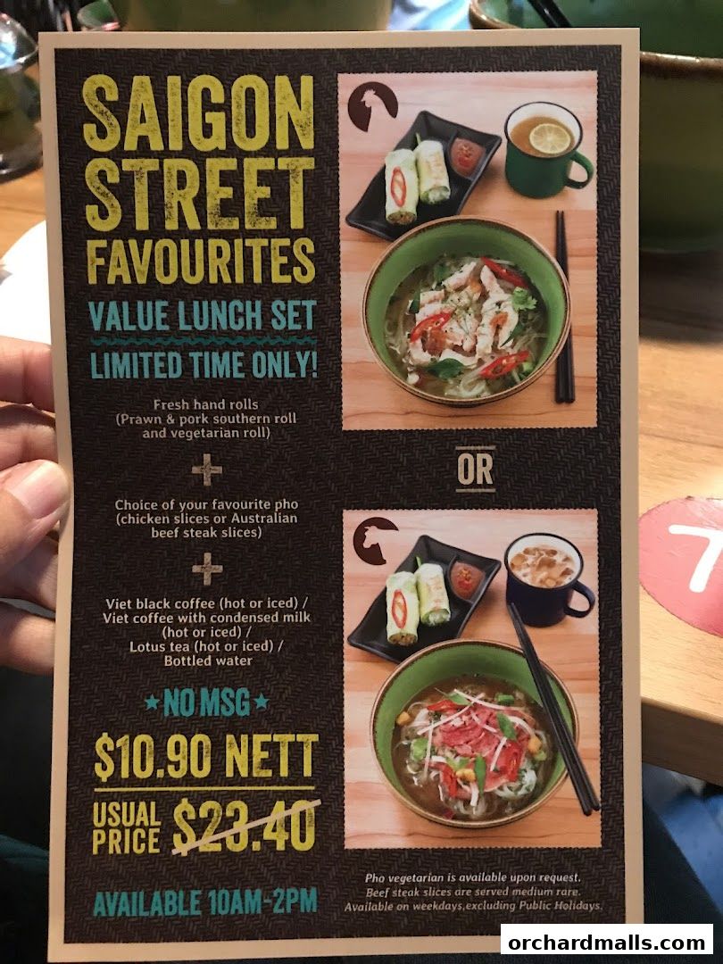 A menu for Saigon Street Favourites offering a value lunch set with pho and hand rolls.