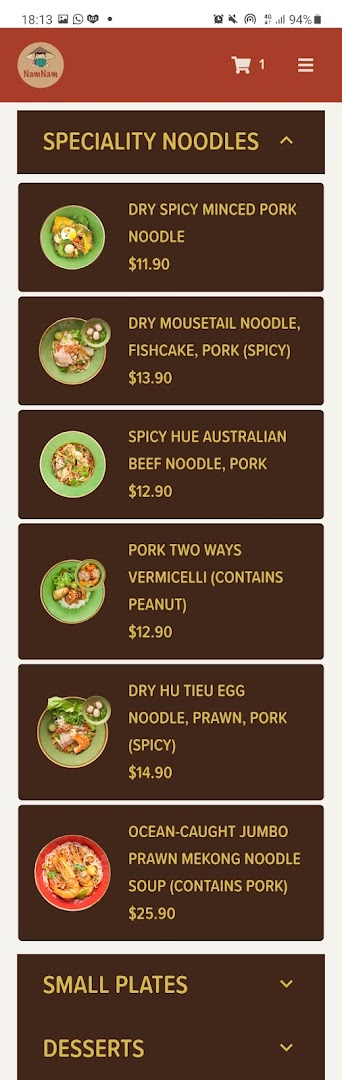 Menu page for NamNam Wheelock Place