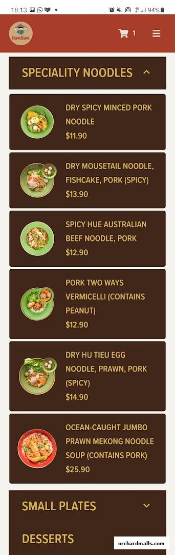 A menu from NamNam Wheelock Place featuring specialty noodles and other dishes.