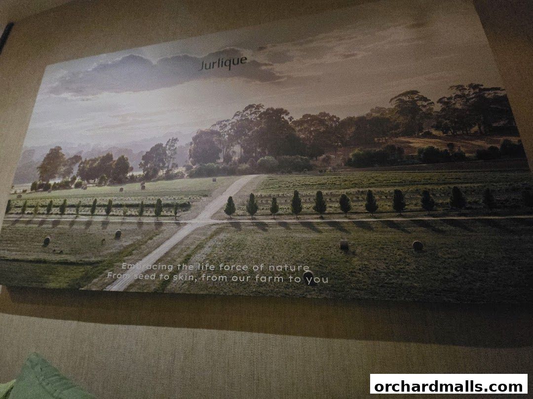 A framed artwork depicting a scenic landscape with trees and fields, featuring the Jurlique brand.