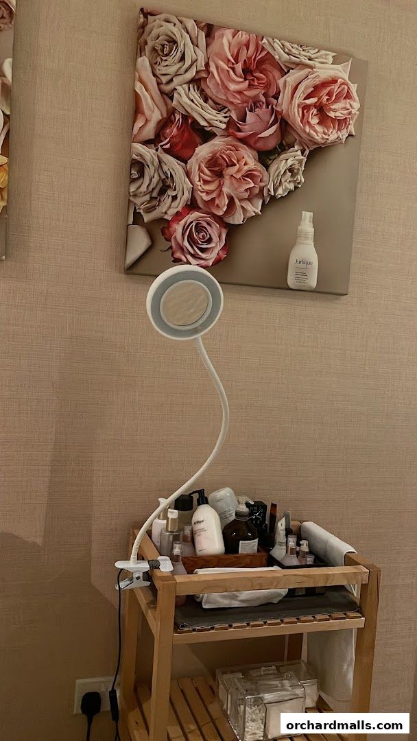 A spa treatment area with a ring light, skincare products, and floral wall art.