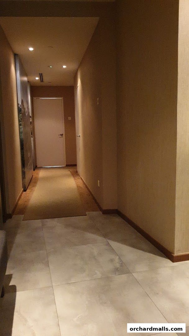 A dimly lit hallway with tiled floors and a carpet runner leading to a closed door.