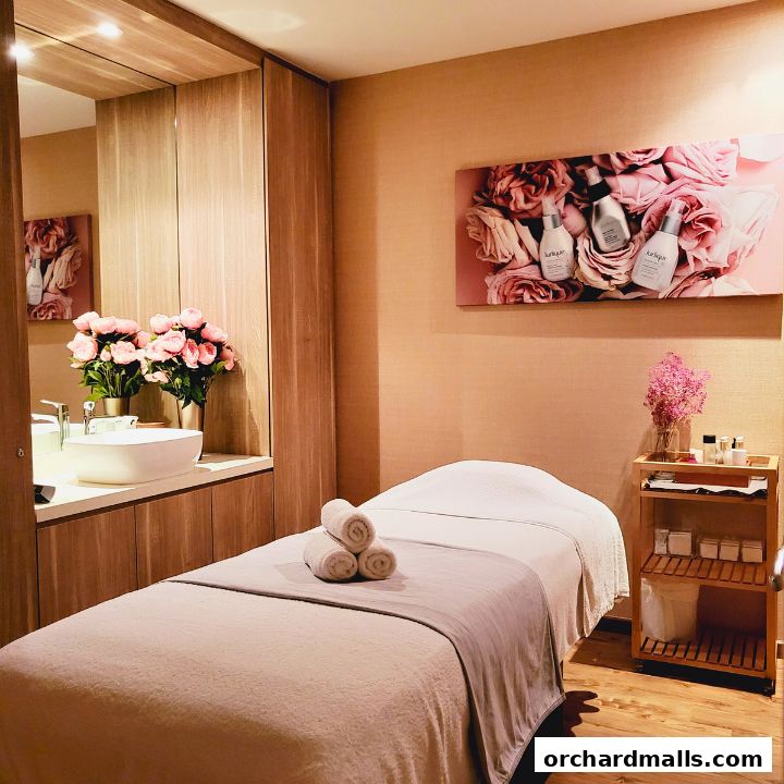 A serene spa room with a massage bed, sink, and floral decor.