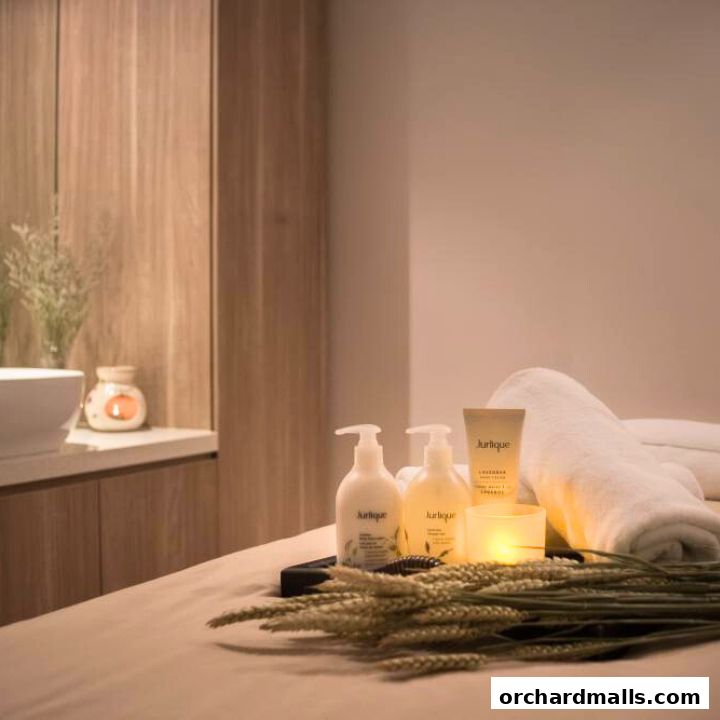 A spa treatment room with Jurlique products, a candle, and a rolled towel.