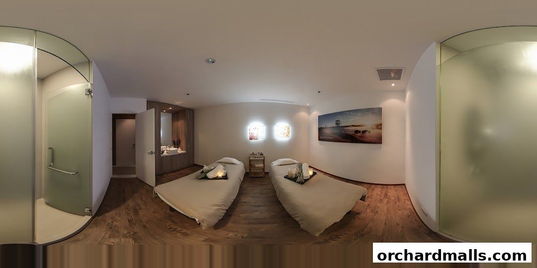 Interior of a spa room with two massage beds, a shower, and a vanity area.