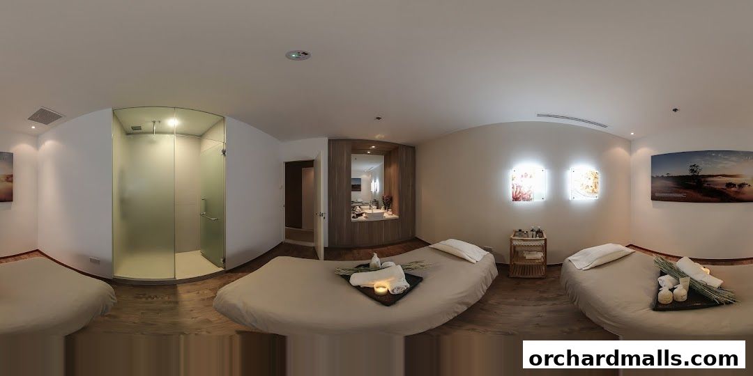 Interior view of a serene spa room with massage beds, a shower, and a vanity area.